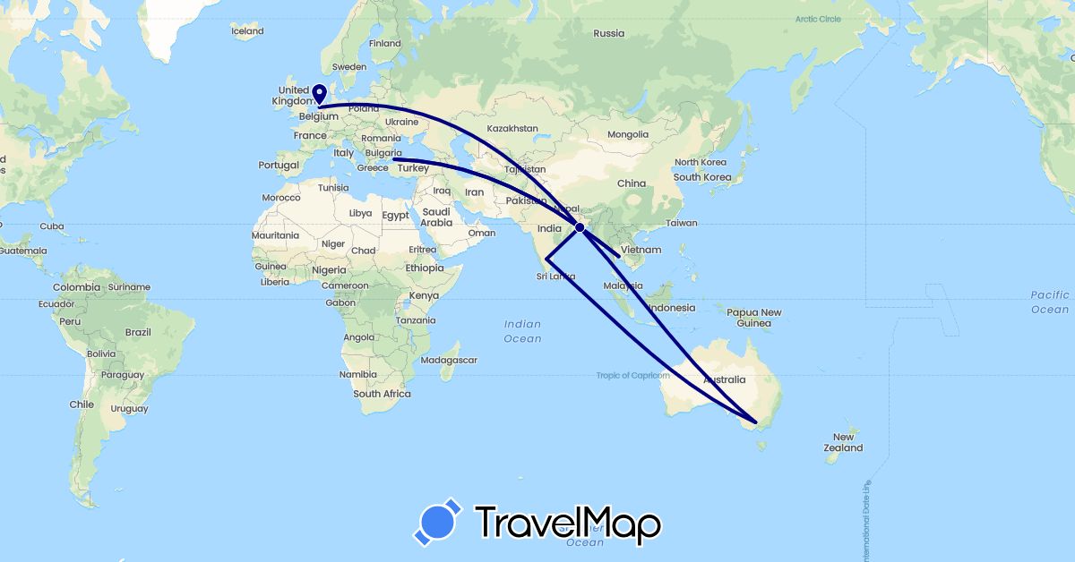 TravelMap itinerary: driving in Australia, India, Netherlands, Thailand, Turkey (Asia, Europe, Oceania)